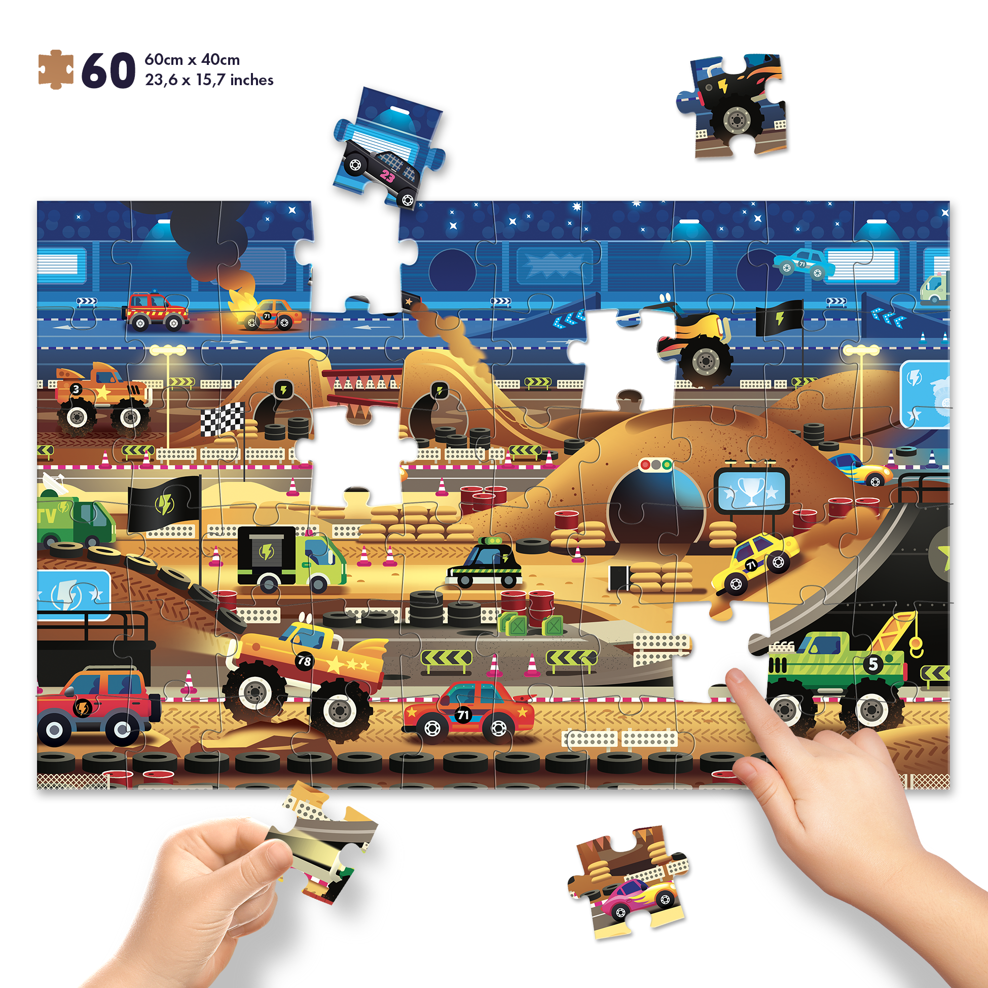 puzzle monster truck enfant 60 pièces circuit course Amlito
